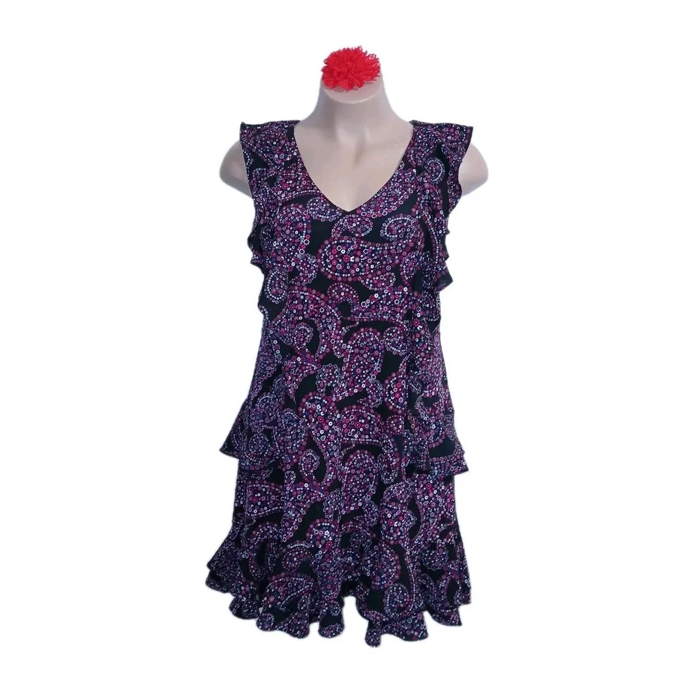 Michael Kors Cascade Dress Women XXL Black Floral Paisley Azalea Ruffle Bohemian
